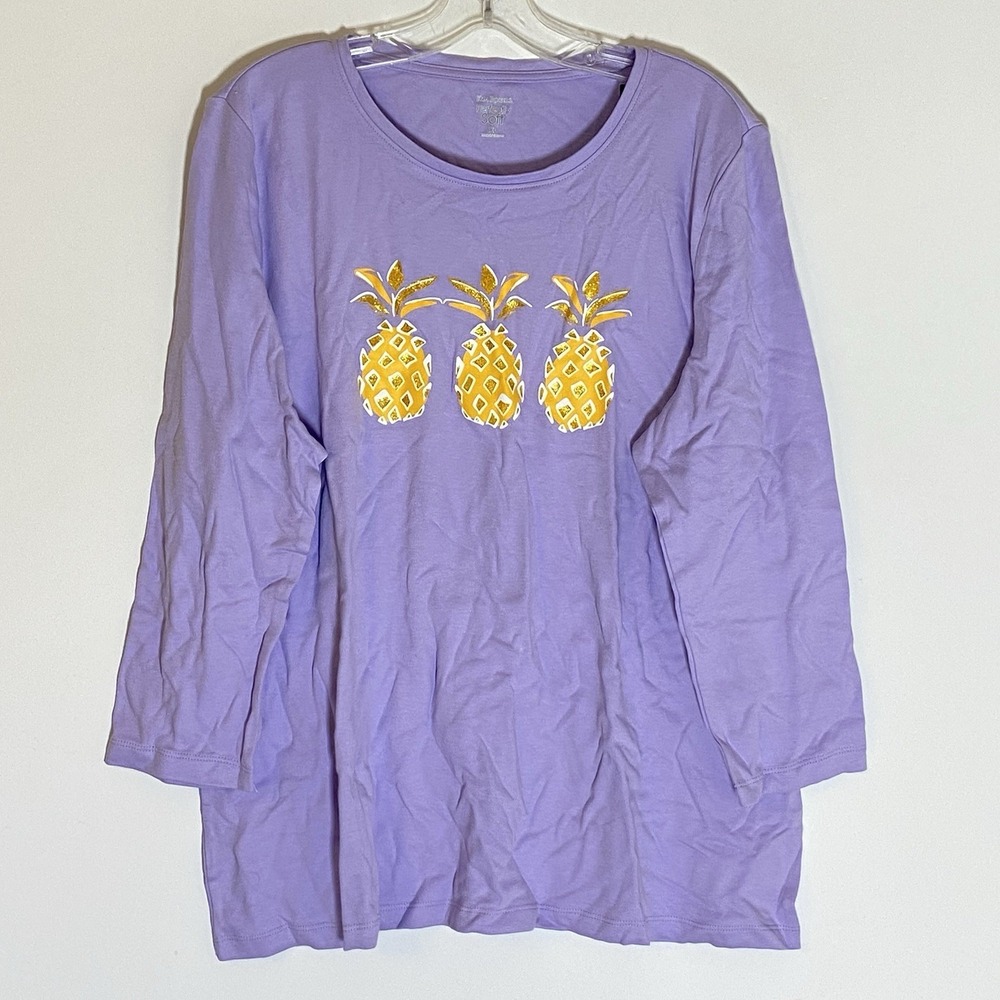 Kim Rogers Top Womens XL Purple Pineapple Gold Sparkle Perfectly Soft 3/4 Sleeve